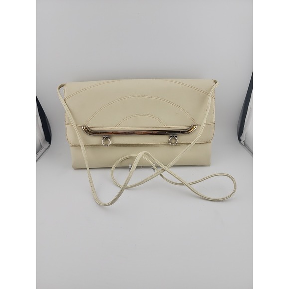 Vintage Lou Taylor Leather Clutch Purse Bag Handbag W/ Pop Out Mirror Ivory - Picture 2 of 4